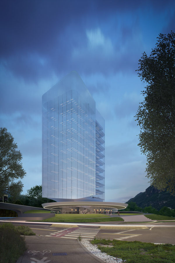 Torre Firmian; Bolzano; Uffici; Vetro; Architettura circolare; monovolume architecture + design; architettura Alto Adige; architettura moderna; monovolume architetti; concorso architettura
