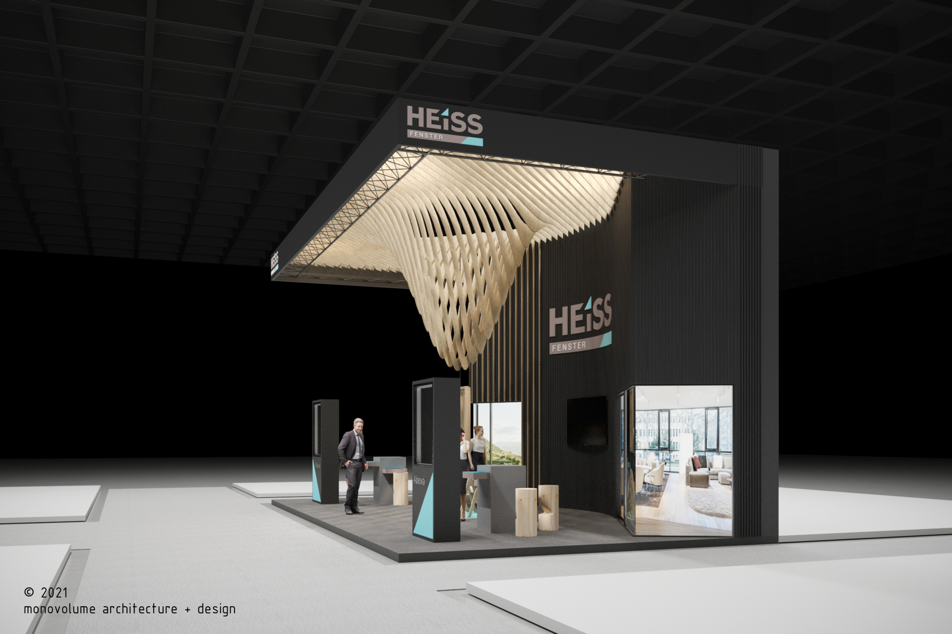 Heiss Fenster; Stand; CasaClima 2022; Bolzano; infissi; finestre Alto Adige; fenster südtirol; monovolume architecture + design; architettura Alto Adige; architettura moderna; monovolume architetti, stand fieristico; interior design